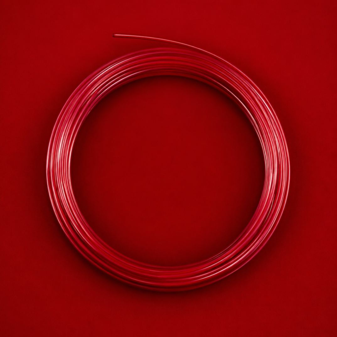 Red SNAP string being installed into a racket on a stringing machine
